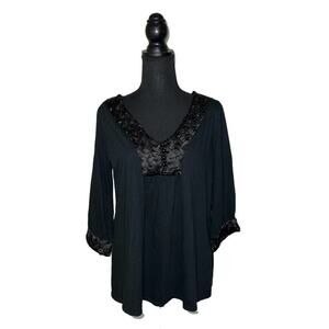 RXB Knit Top Satin Braided Buttoned Neckline Blouse Black Shirt Women’s L